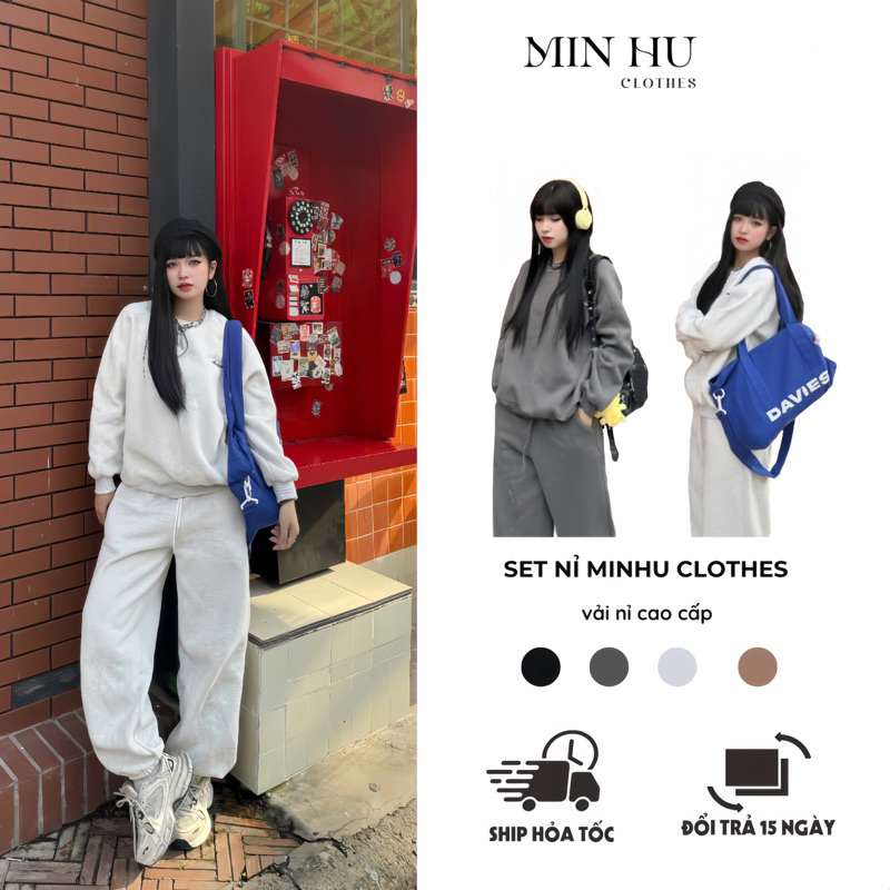 Set nỉ áo sweater cổ tròn kèm quần nỉ MINHU CLOTHES (có sẵn)