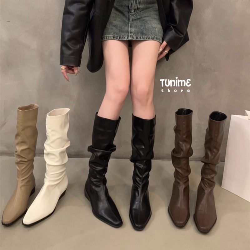  Giày Bốt Nữ Bốt Mũi Nhọn Da Cao Cấp Xếp Li Boot cao bồi thời trang đế cao 3cm 