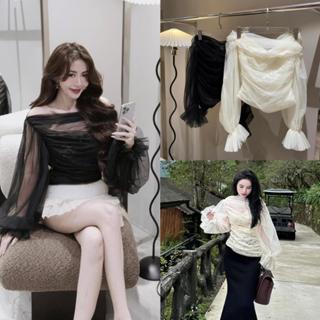  Áo tiểu thư ren phối tơ nhún eo tone basic cho nữ 