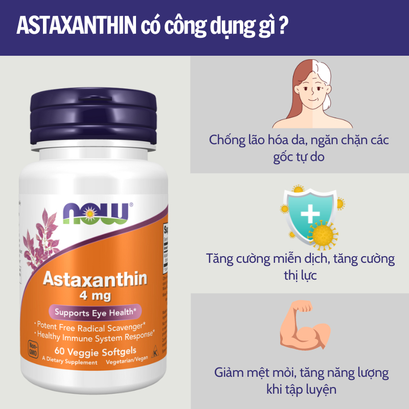 Astaxanthin 4mg Now chống oxy hóa mạnh giúp giảm lão hóa, đẹp da, bổ mắt 60 viên từ Mỹ