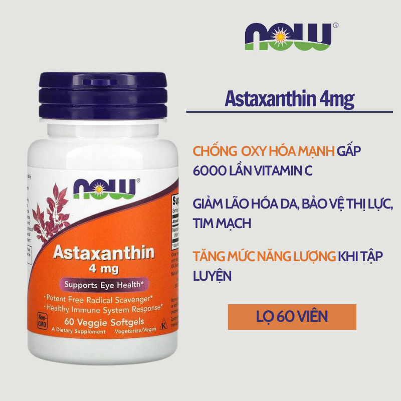 Astaxanthin 4mg Now chống oxy hóa mạnh giúp giảm lão hóa, đẹp da, bổ mắt 60 viên từ Mỹ