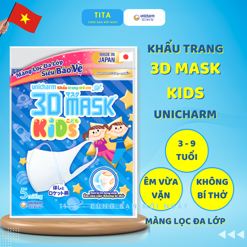 Khẩu trang y tế 3d mask kids UNICHARM nhật bản lọc bụi mịn chống nắng và tia uv cho bé túi 5 cái