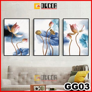  Tranh treo tường canvas khung gỗ 3 bức hiện đại tranh hoa sen trang trí phòng khách phòng ngủ 03 