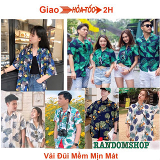 Áo Sơ Mi Đi Biển vải đũi mềm mát phong cách hawaii họa tiết hoa lá chim cò mặc nhóm đồng phục đi biển.