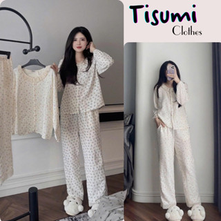 Đồ ngủ nữ bộ đồ pijama thô hoa nhí phối viền ren với quần dài suông rộng mềm mịn thoải mái Tisumi Clothes HCOM3100