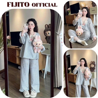 Đồ ngủ pijama, set bộ nữ dài tay thu đông cổ V phối von bánh bèo siêu xinh FIJITO hcom3096