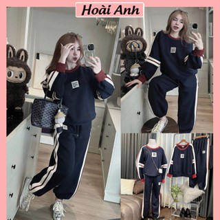 Set Bộ Đồ Nữ Thể Thao Miumiu Phối Màu Xanh Than Trắng Bo Len Cổ Viền Đỏ Tay Chạy Rót Sọc Mix Quần Chun Gấu Logo Thêu Nổi