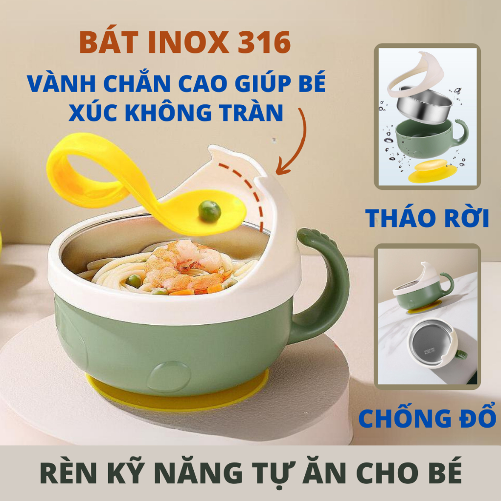 Chén / Bát Ăn Dặm Inox 316 Cho Bé 400ml, An Toàn Cho Bé – Chống Nóng, Chống Đổ, Đế Hút Chân Không