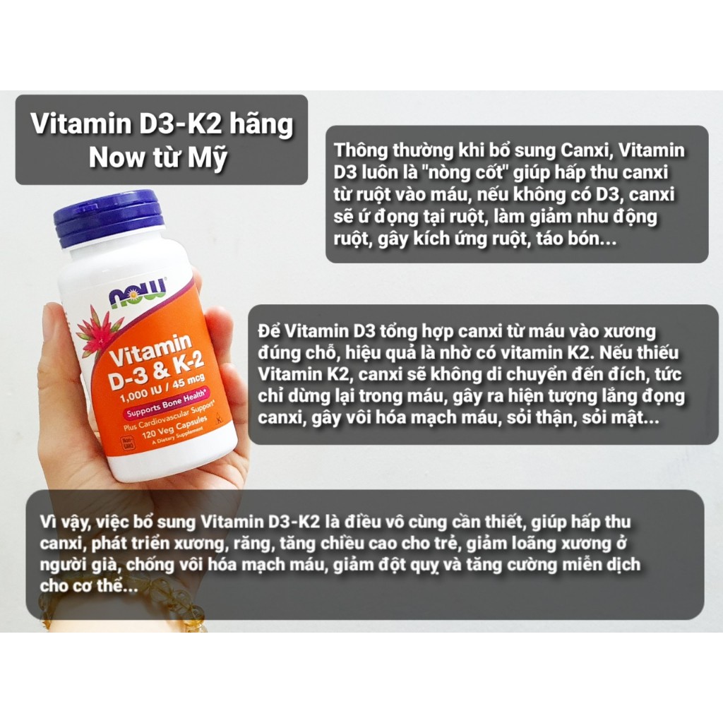 date 2/27 - Viên uống Vitamin D3 K2 (1.000IU/45mcg) hãng Now từ Mỹ chai 120 viên