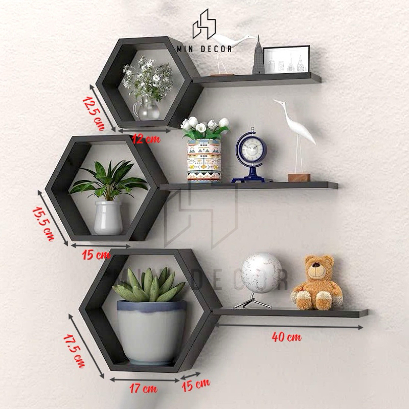 Kệ gỗ trang trí hình tổ ong decor, kệ lục giác treo tường cao câp chât liệu gỗ MDF phủ Melamine tặng kèm vít và tua vít