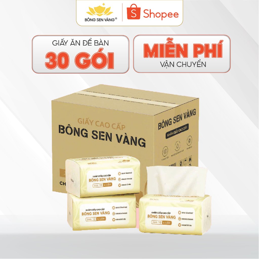 Giấy ăn cao cấp Bông Sen Vàng 4 lớp mềm mịn, an toàn, tiện lợi.