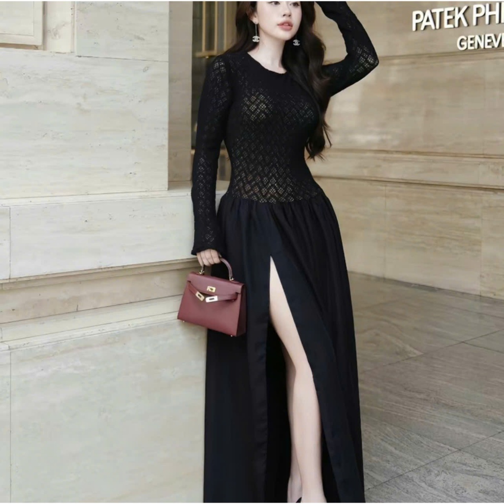 Đầm váy nữ ren dài tay xẻ tà cao dáng maxi 2 màu ĐEN TRẮNG, Váy nữ đầm nữ dự tiệc basic thiết kế cao cấp TỰ MAY