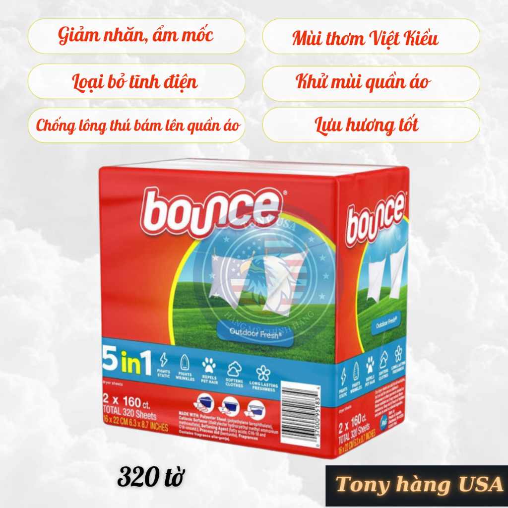 Giấy Thơm Quần Áo Bounce Mỹ 5 in 1 (320 tờ) Ủ Thơm Quần Áo, Tủ Đồ, Vali - Tony Hàng USA