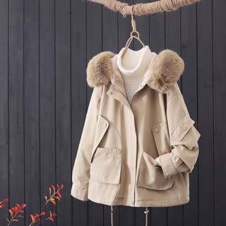   Có Sẵn  Áo khoác kaki phao trần lông màu kem và nêu rêu phong cách Netro Hàn Quốc 