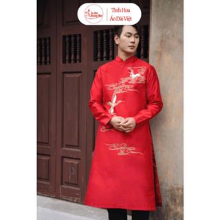 Áo dài cách tân nam đỏ thêu BẠCH HẠC vải tuyết mưa cao cấp {50-105kg}- Áo Dài Hoàng Mai