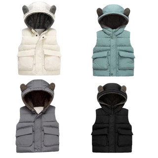 Áo Phao Gile Lót Lông Mũ Tai Gấu Cho Bé Trai Bé Gái, Áo Khoác Phao Mùa Đông Cho Trẻ Em Mẫu Mới