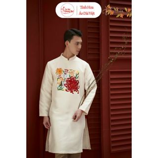 Áo dài nam cách tân màu be thêu hoa cúc đẹp cao cấp,truyền thống mặc tết, chụp ảnh -Áo Dài Hoàng Mai