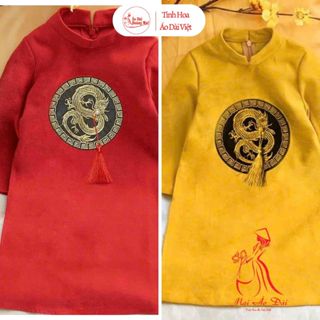 Áo dài cách tân Trung Thu cho bé trai đỏ, vàng thêu rồng tròn ngực full tuyết mưa cao cấp - Áo Dài Hoàng Mai