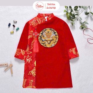 Áo dài cách tân bé trai dịp Trung Thu bigsize thêu Mặt Rồng Phối Gấm tròn ngực kết hợp với khánh- Áo Dài Hoàng Mai