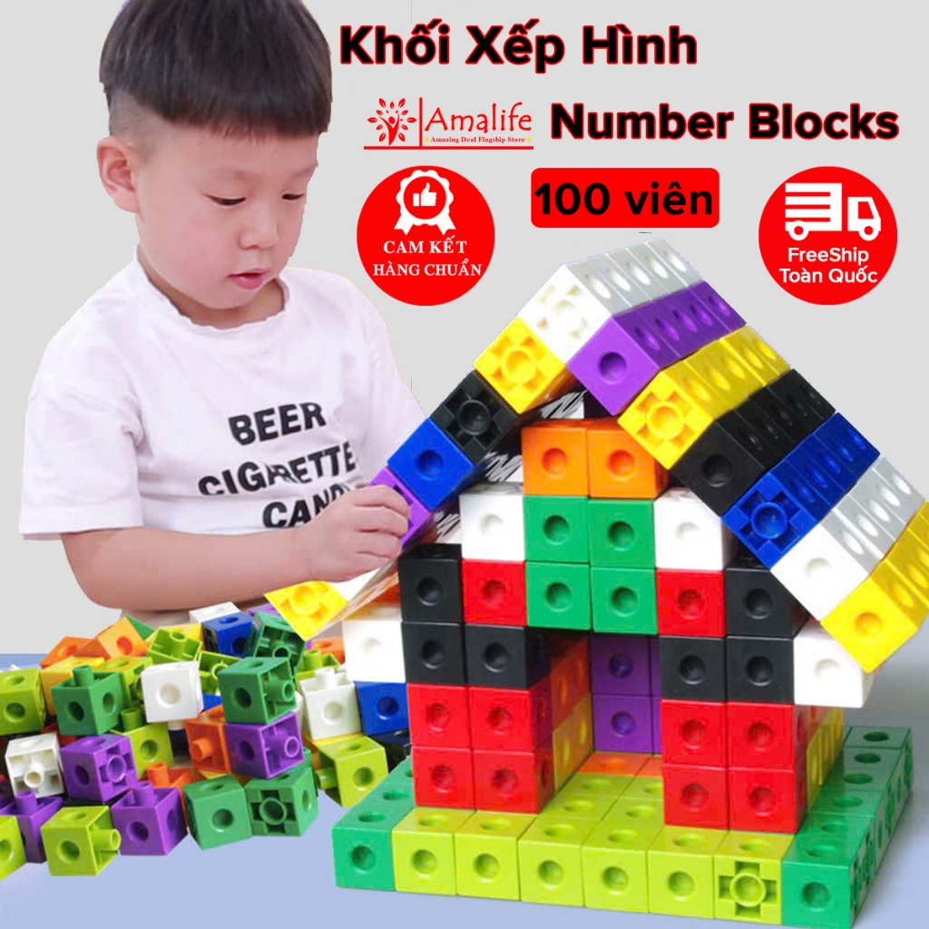 Đồ Chơi Xếp Hình Toán Học Thông Minh Number Blocks Hình Vuông 100 Viên Cho Bé Linking Cube Trí Tuệ N