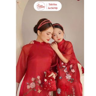  Áo dài mẹ và bé Mộc trà Đỏ 4 tà 2 lớp đính kết thủ công cao cấp - Áo Dài Hoàng Mai 