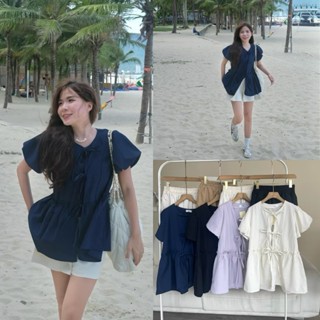 [Bigsize 55-100kg ] Áo babydoll tay bí phồng buộc nơ +  quần  đùi ống rộng(sẵn)