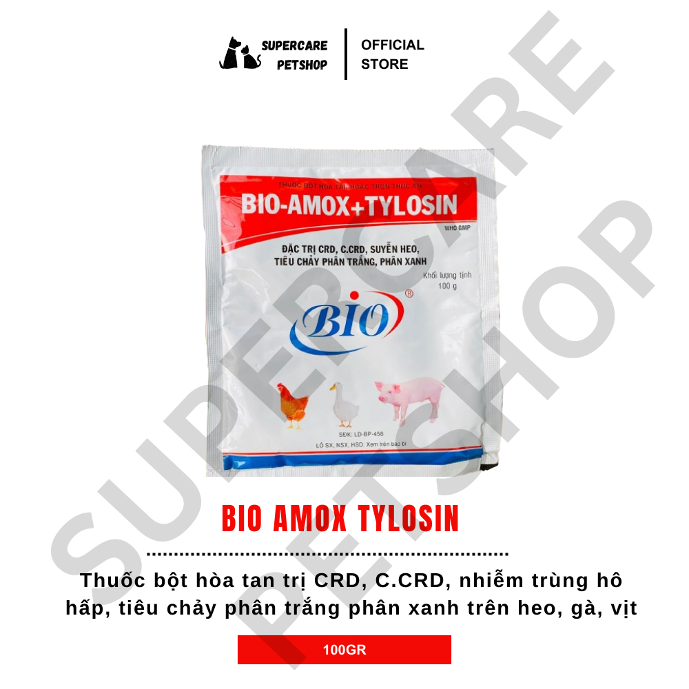Thuốc bột Bio Amox Tylosin 100gr trị CRD, tiêu chảy phân xanh phân trắng trên heo, gà, vịt
