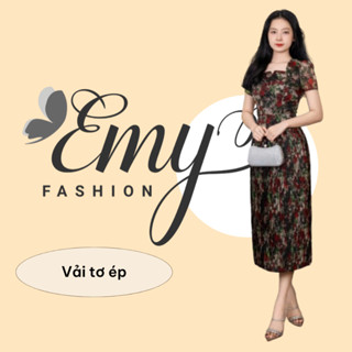 Đầm Công Sở EMY Cao Cấp Thời Trang Trung Niên EM7611 Dáng Xòe, Thiết Kế Dự Tiệc Vải Tơ Ép Nền Đen Hoa Hồng Đỏ