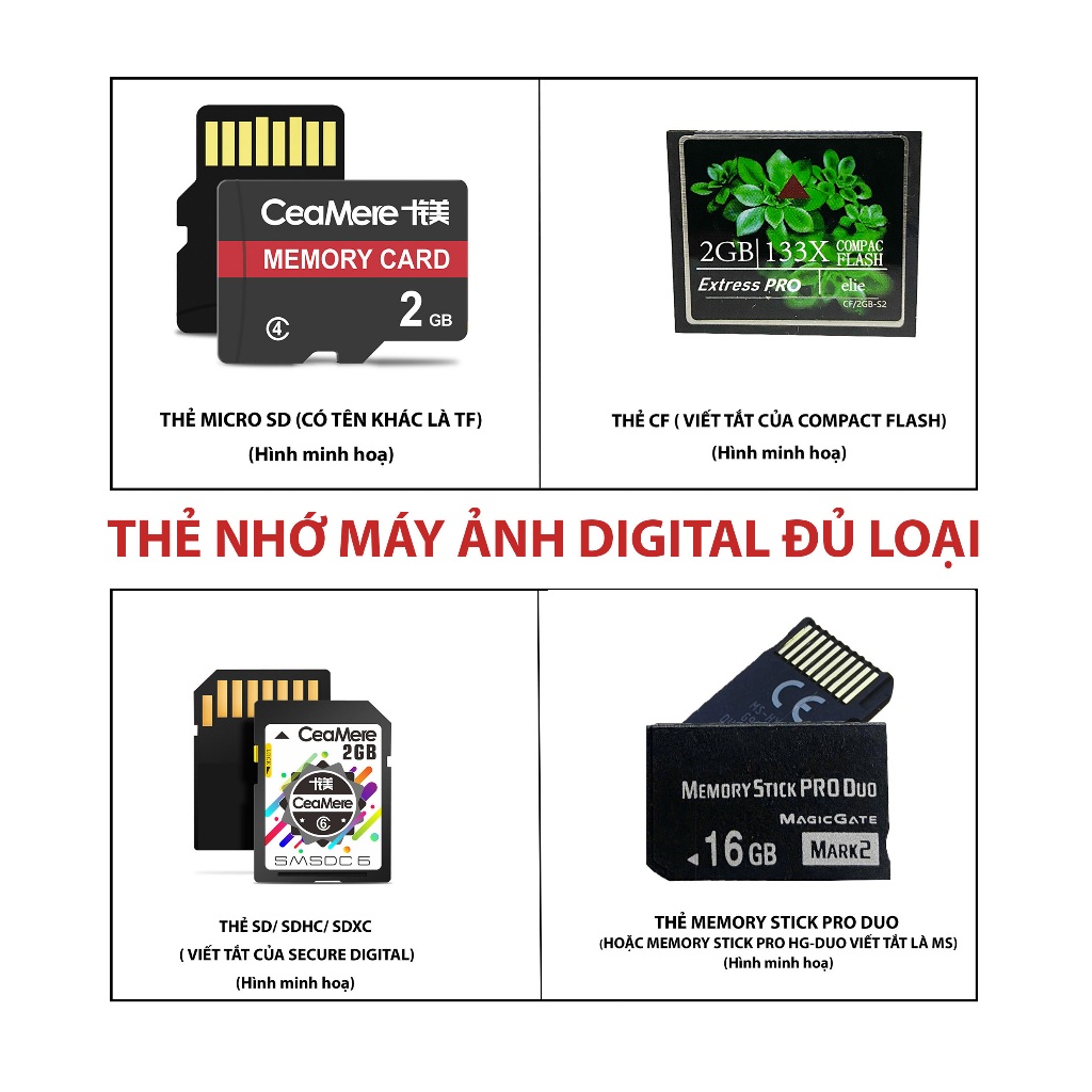 Thẻ nhớ cho máy ảnh kỹ thuật số Digital Camera đủ loại SD, Micro SD (TF), CF, Memory Stick Pro Duo đủ loại