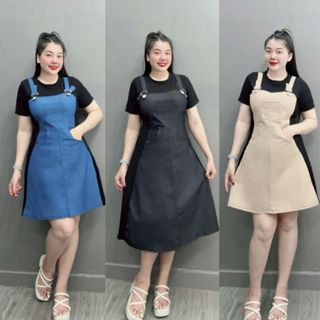 Đầm yếm Bigsize Nữ tay ngắn cổ tròn vải jean giấy phối thun ruby co giãn thoải mái tôn dáng G676.G677- ĐẦM YẾM
