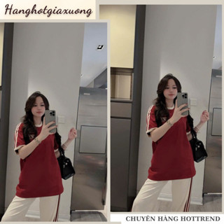 Set đồ nữ,đồ bộ nữ thể thao áo phông cổ tròn kẻ viền tay phối màu trắng đỏ mix quần dài suông kẻ sọc D1912