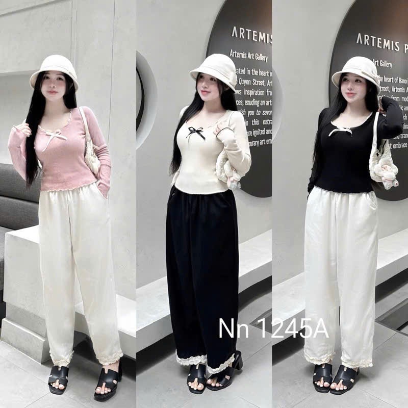 set bộ áo tay dài cổ ren lai cuốn biên - phối quần baggy trẻ trung thời trang