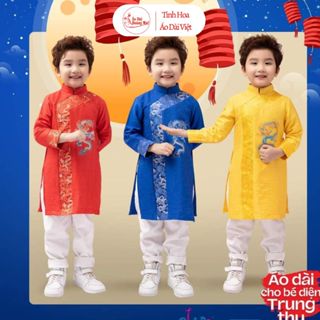 Áo dài Trung Thu cho bé trai, áo dài cách tân Thêu Rồng Ngũ Sắc vải tuyết mưa phối gấm cao cấp-Mai Áo Dài