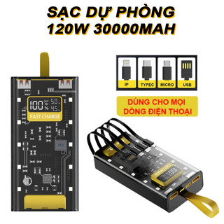  Sạc Dự Phòng 120W dung lượng 30000mah  Thiết Kế Trong Suốt Tích Hợp Đèn sáng 3 chế độ 