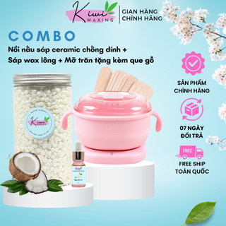  COMBO Nồi Nấu Sáp Wax lông Silicone + Sáp Wax KIWI WAXING cao cấp + Mỡ Trăn tặng kèm que wax 