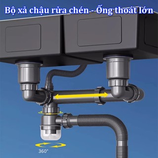 Bộ xi phông xả chậu rửa chén đôi 2 hộc VN-001 - Ống thoát lớn giúp nước xả nhanh, chống hôi, bầu xả cặn