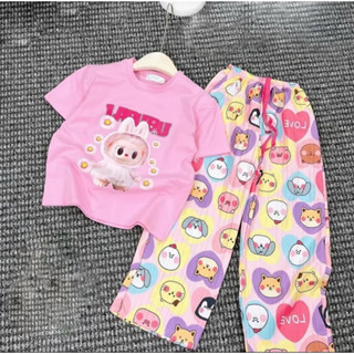 Bộ quần dài áo cộc LABUBU cho bé gái hoạt hình và dễ thương mùa hè mới 2024