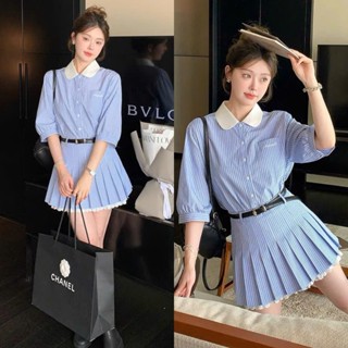 Set Áo Kẻ Xanh Cổ Bẻ Trắng Tay Lỡ Bồng Nhẹ, Ngực Thêu Chữ Mix Chân Váy Xếp Ly Kèm Quần Bảo Hộ Và Đai Xịn (Ảnh Thật)