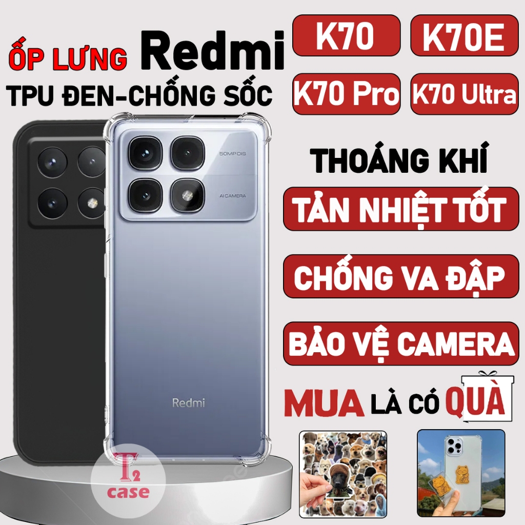 Ốp lưng điện thoại Redmi K70,K70E,K70 Pro,K70 Ultra Bảo vệ camera,RM,Chống Sốc,Trong Suốt,Silicon TPU Đen
