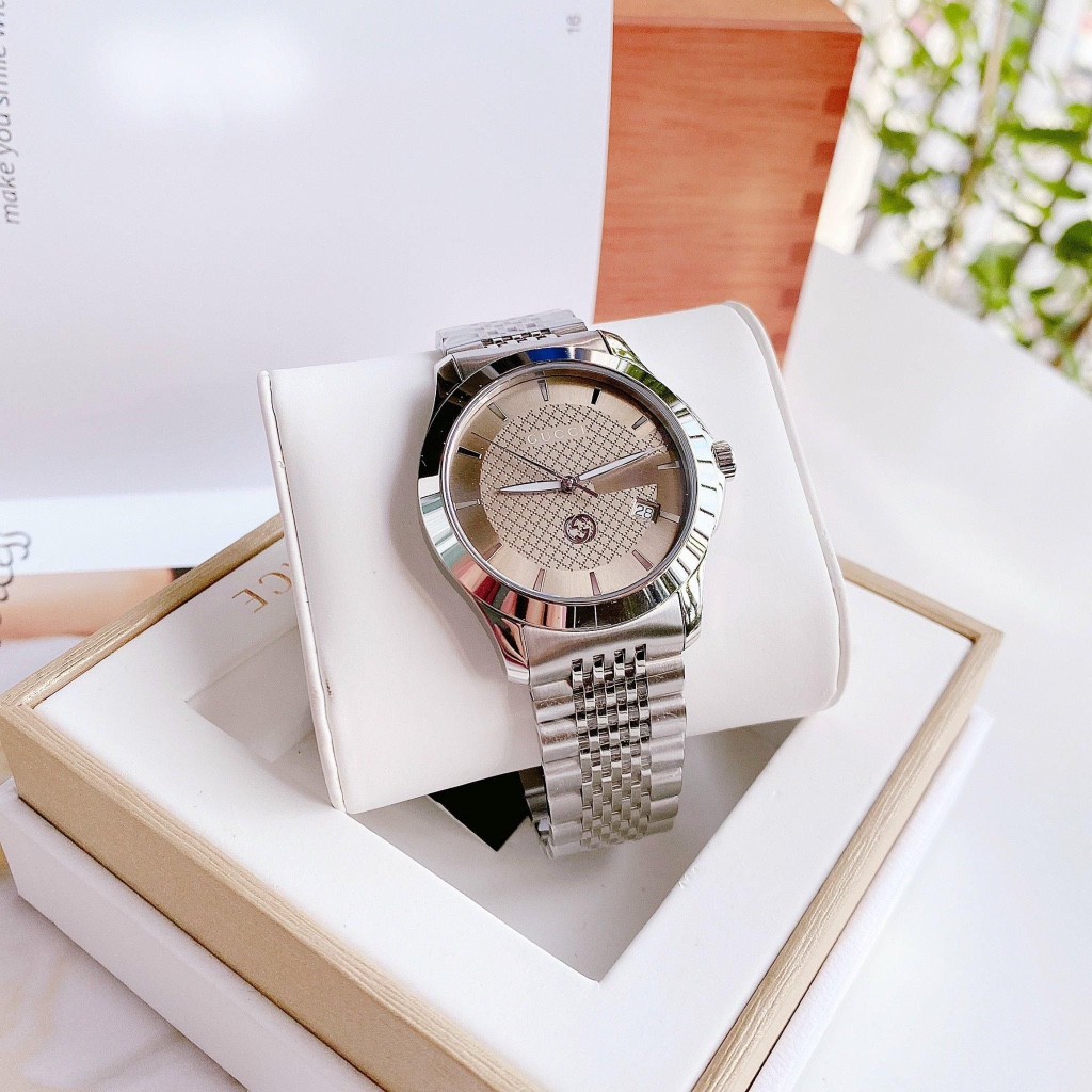 Combo Đồng hồ đôi đeo tay nam nữ máy pin dây kim loại cao cấp chống nước Gucl YA126511 nam size 40mm nữ 27 fullbox