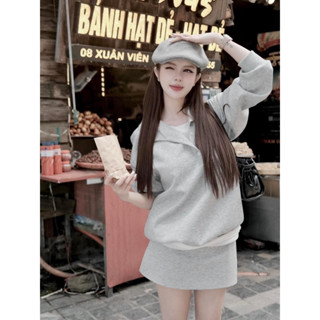 Set Áo Nỉ Xám Cổ Bẻ Mix Chân Váy Xẻ Tà 2 bên Mai Phương Bùi siêu xinh
