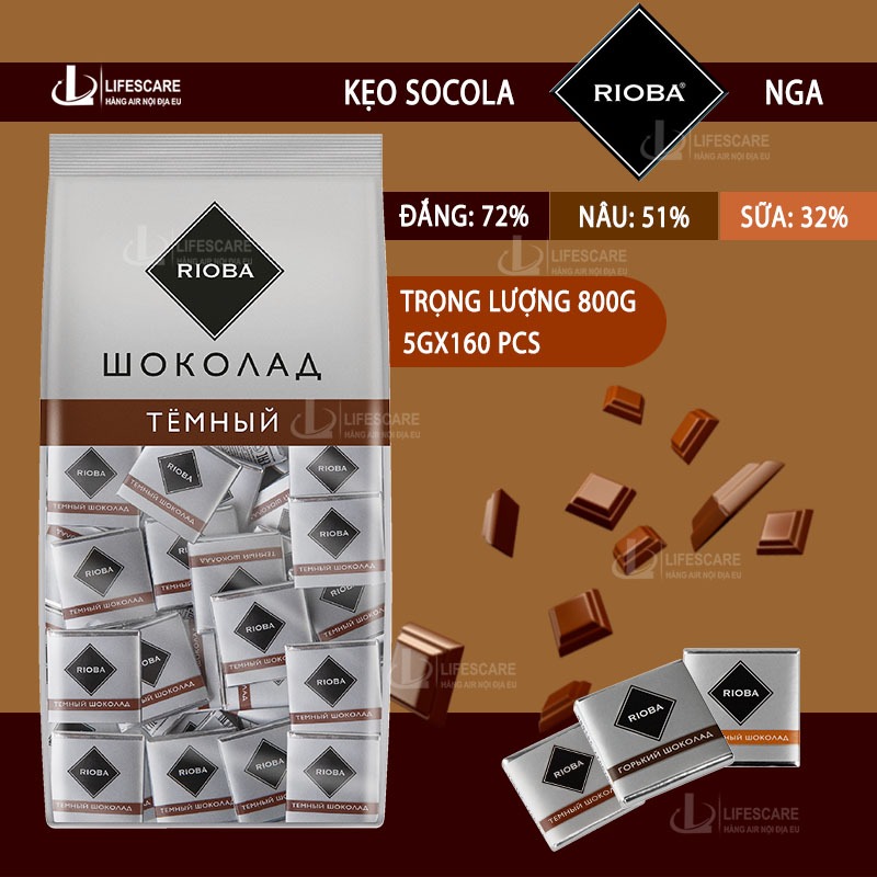 Kẹo Socola Rioba Nga nguyên chất 3 vị đắng, đắng vừa và socola sữa 800g