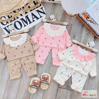 Bộ dài tay bé gái cổ tròn bèo phong cách, đồ bộ dài tay bé gái, set đồ bé gái vải thun tăm mềm mịn