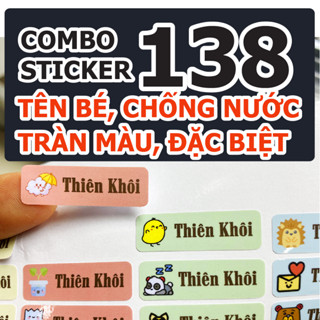 138 Sticker tên bé chống nước, mẫu chữ nhật, bo góc, tràn màu, in tên theo yêu cầu dán đồ dùng học tập