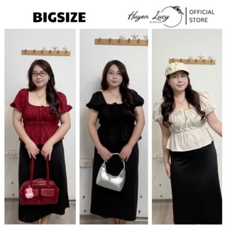 SET bigsize áo LINEN cổ vuông tay bồng nhún bèo cách điệu kèm chân váy đen dài đi tiệc đi chơi  Huyền Lucy Bigsize