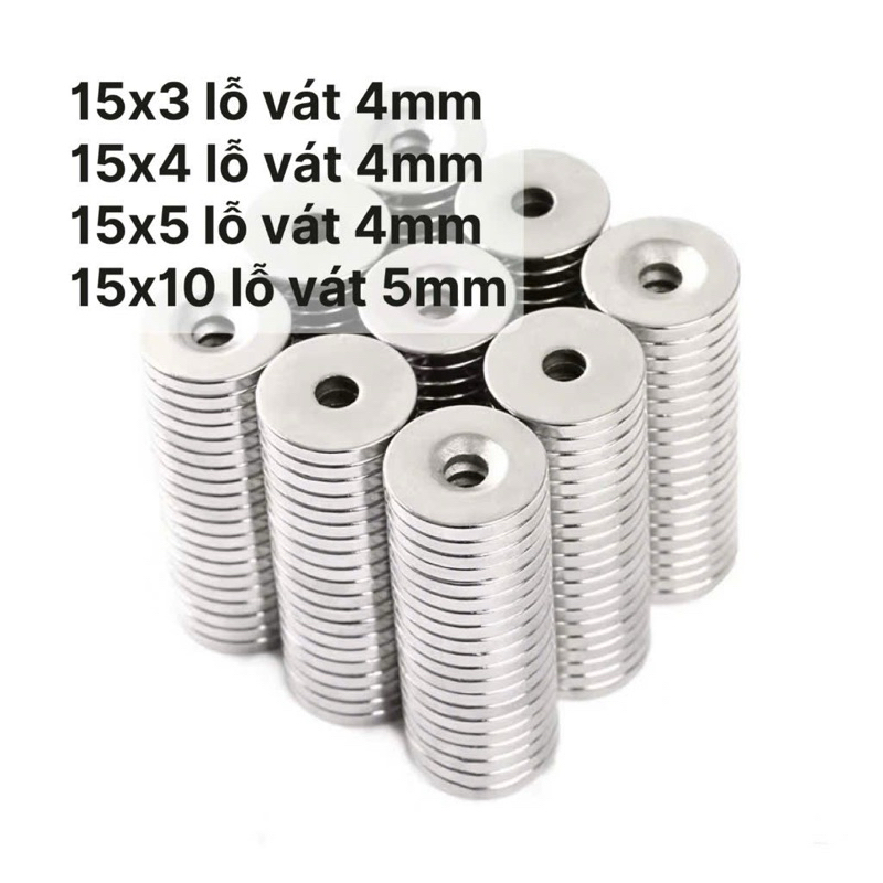 Nam châm có lỗ bắt vít 15x3 lỗ 4mm, 15x4 lỗ 4mm, 15x5 lỗ 4mm, 15x10 lỗ 5mm.