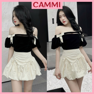 Sét váy gồm áo nhung trễ vai tay bồng trễ đính nơ+chân váy nhún dáng bí HB613