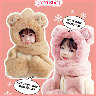 Mũ Len Lông Cừu Trùm Đầu Kèm Khăn Quàng Cổ Và Găng Tay Cho Bé, Mũ Len 3 Trong 1 Tai Gấu Có Bao Tay Giữ Ấm Trẻ Em
