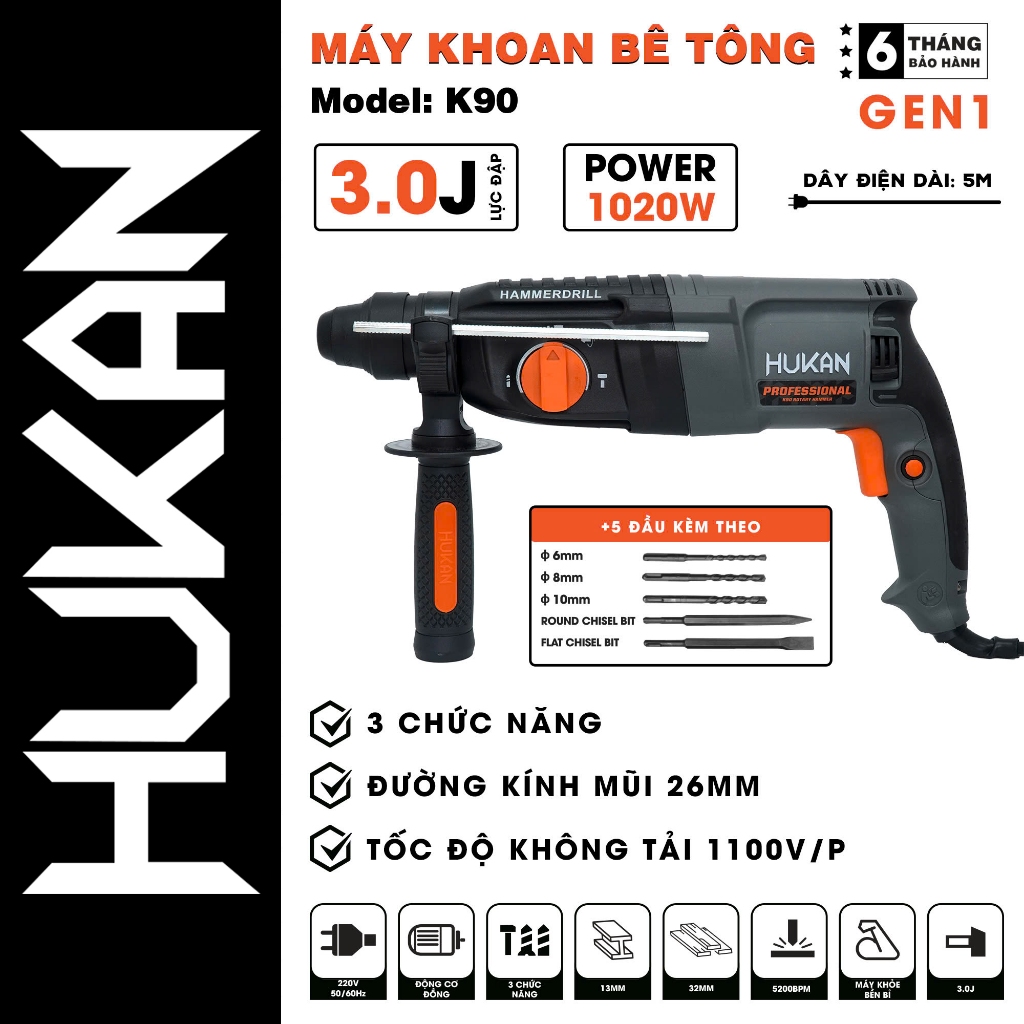  Máy khoan đục bê tông HUKAN K90 3 Chức năng Công suất 1020W Tặng Bộ 5 Mũi khoan và Đục 