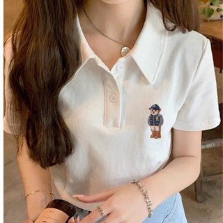 Áo polo croptop logo Gấu R bóng chày dành cho nữ cá tính